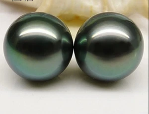 Paar 13-14mm natürliche Südmeer Tahitianische echte schwarze Pfau runde lose Perlen - Bild 1 von 3