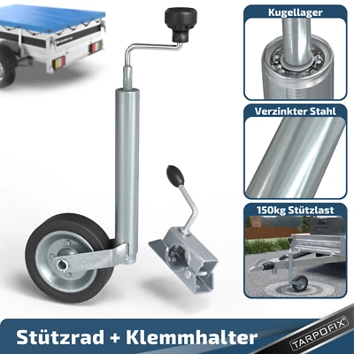 Anhänger Stützrad 150kg Vollgummi + Stützradhalter |Ø48mm Stahl Anhängerstützrad - Bild 1 von 4