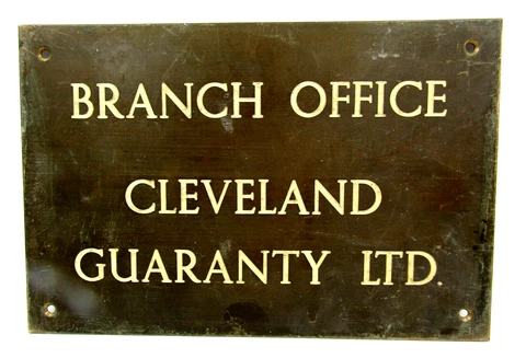 Branch Office Cleveland Guaranty Ltd - Vtg Salvaged Solid Brass Sign / Plaque Cover