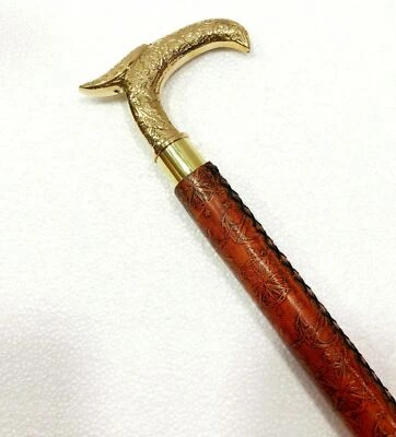 Bastón de cuero con mango de águila halcón de latón macizo bastón vintage Halloween Foto 1 de 4