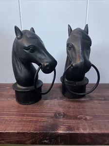 Paar 12,5 Zoll antike Gusseisen 2 Pferdeköpfe Vintage Anhängerkupplung Pfosten Topper 14 Pfund - Bild 1 von 7