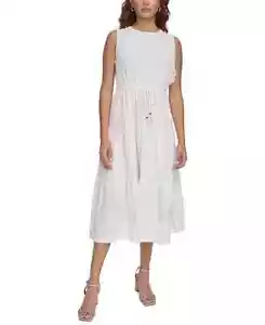 Calvin Klein Women's Midi A-Line Dress with Tiered Flounce Skirt White SZ 16 New - Picture 1 of 12