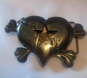 Black No Fear Belt Buckle Broken Heart Gunmetal Goth Grunge - Picture 1 of 5