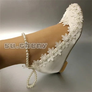 su.cheny wedge silk white lace satin  Wedding shoes Bride heels pumps size 5-11 - Picture 1 of 2