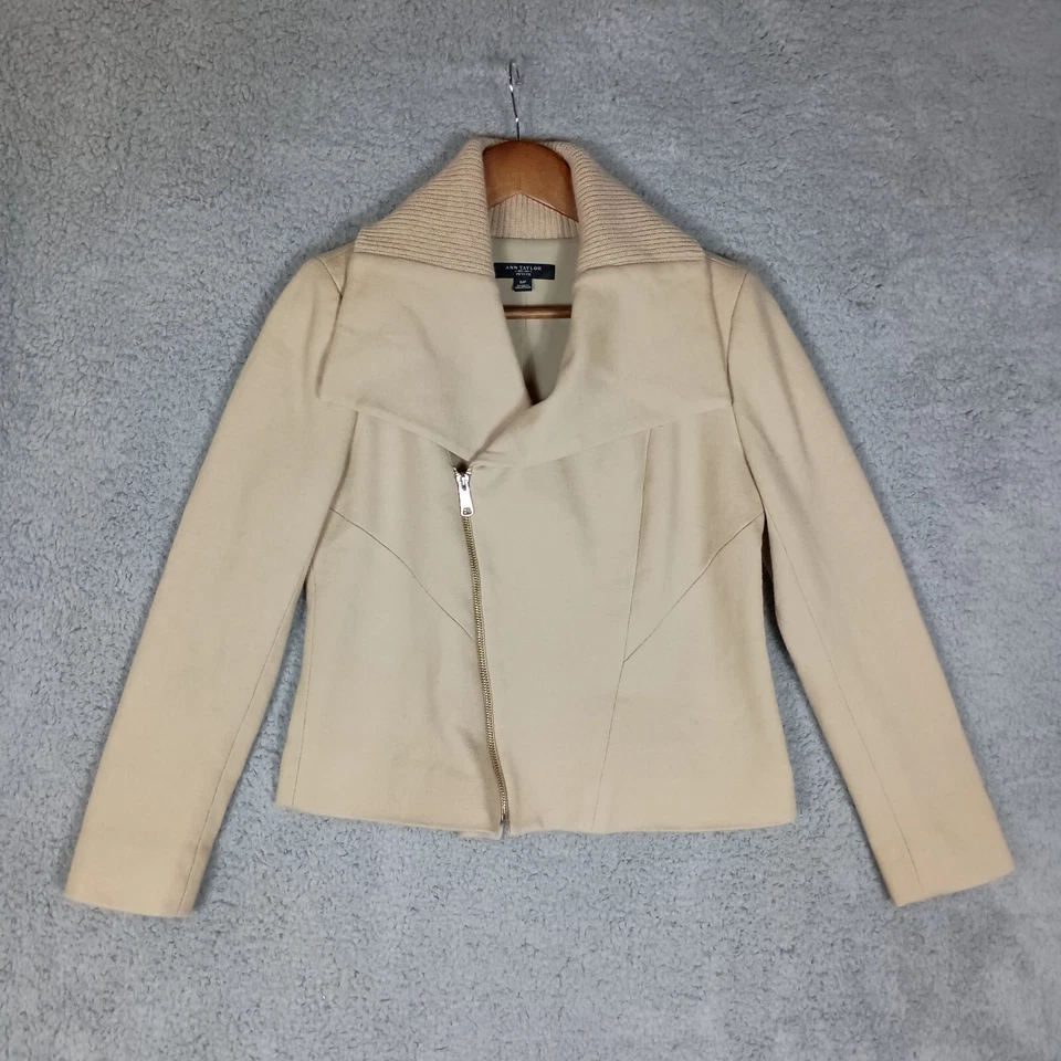 Chaqueta Ann Taylor Moto Mujer 6 Pequeña Mezcla de Lana Tostada Cremallera Completa Motociclista Asimétrica Foto 1 de 4