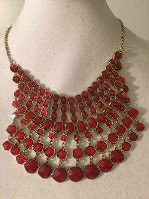$79 Lucky Brand Gold Tone Orange / Red Stone Large Bib Necklace #514a - Image 1 of 4