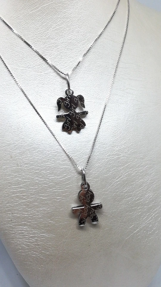 CIONDOLO BIMBA BIMBO BEBÈ GIRL BOY ARGENTO 925 RODIATO COLLANA CM 45 - Immagine 1 di 2