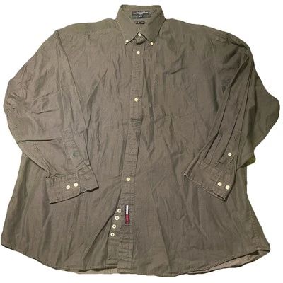 Camisa social masculina Tommy Hilfiger com botões tamanho 17 34-35 cinza carvão manga longa - Imagem 1 de 4