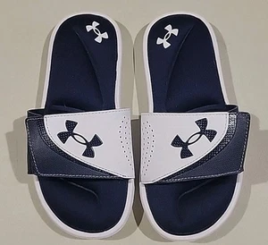 UNDER ARMOUR Youth UA B Ignite VI SL Size 4Y Slides Navy Blue and White Sandals  - Picture 1 of 5