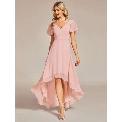 Платье подружки невесты размер 10 струящееся шифоновое с v-образным вырезом с оборками рукава румяна розовое богемное - Изображение 1 из 4