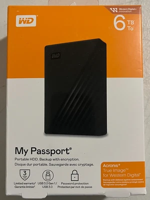 NEW WD - My Passport 6TB External USB 3.0 Portable Hard Drive - Black - Image 1 of 4