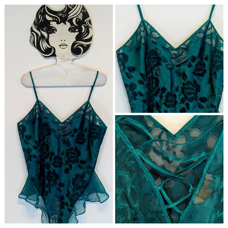 复古 80 年代维多利亚的秘密金色标签缎面泰迪紧身衣裤翡翠倦怠花边 M — 第 1/4 张图片