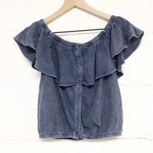 We The Free Size Small Faded Blue Crop Top Ruffle Off the Shoulder Button Down - Picture 1 of 7
