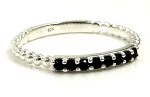 Sterling Silver Ring Size 11 Womens Stackable Thin Beaded Black Stone Fashion - Picture 1 of 8