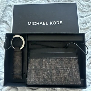 NWT MICHAEL KORS Men's Unisex MK Credit Card Wallet Key Fob Set Brown Black $98 - Picture 1 of 7