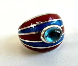 Vintage Red And Blue Hallmarked Sterling Silver Enamel Ring Modernist - Picture 1 of 6