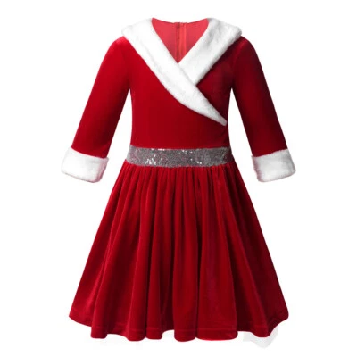 Girls Kids Christmas Santa Claus Dress Cosplay Party Outfit Velvet Fancy Costume - Image 1 of 3