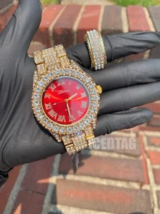 HERREN HIP-HOP EISVERGOLDET METALL LABOR DIAMANTSCHLIFF BLING OUT UHR & RING GESCHENKSET - Bild 1 von 24