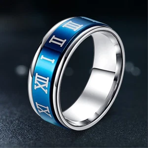 8MM Blue/Black Spinner Band Men/Women Titanium Steel Roman Numerals Ring Sz 6-11 - Picture 1 of 10