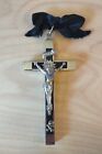 Vtg Antique Skull And Crossbones Crucifix 3.75" Metal With Possibly Wood Inlay 