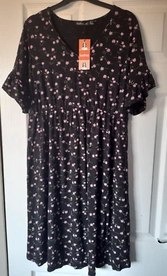 BOOHOO Black Pink Ditsy Floral Short Sleeve Maternity Tea Dress Size UK 12 BNWT - Image 1 of 4