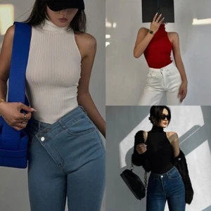 Hong Kong Style Off Shoulder Turtleneck Sexy Knitted Tank Tops for Women - Picture 1 of 38