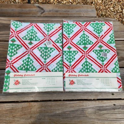 Lot of 2 Vintage 1990's Christmas Tree Holiday Tablecloth 60"X84" Oblong Retro - Image 1 of 4