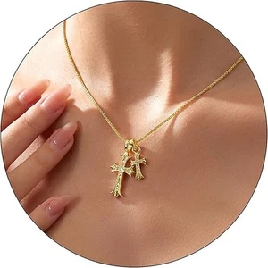 Gold Kreuz Halskette für Damen 14K vergoldet zierlicher Anhänger Kreuz Kette Glaube Kruzif - Bild 1 von 6