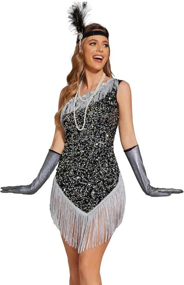 Vestido Pixiemain Flapper para mujer 4 piezas años 20 negro/plateado accesorios de disfraz XL Foto 1 de 4