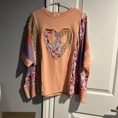 New Easel Heart Peace Multi Patchwork Oversized Boho Shirt Size Small Pullover - Image 1 of 4