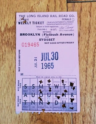 1965 LONG ISLAND RAILROAD COMPANY LIRR WEEKLY TICKET BROOKLYN SYOSSET NY - Image 1 of 2