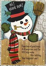 Unused Christmas Snowman Smoke Pipe Fence One Side Vtg Greeting Card 1960s 1970s