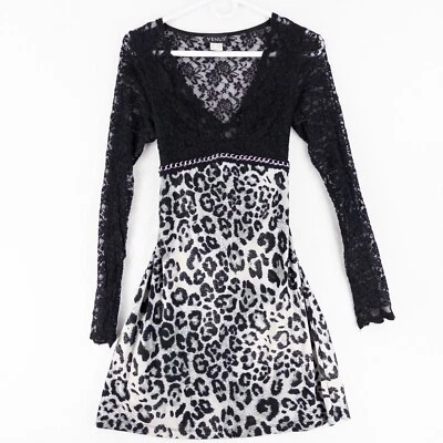 Vestido VENUS Y2K S Leopardo Encaje Estampado Animal Manga Larga Cadena Corbata Elástica Transparente Foto 1 de 4
