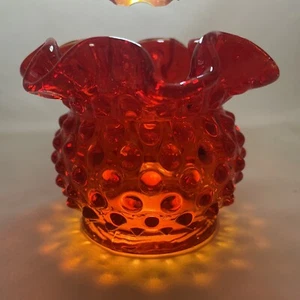 Fenton Glass Vase Hobnail Double Crimped Ruffled Amberina Ruby Red Small Glows - Picture 1 of 11