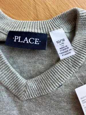 $26 Chaleco de Algodón Gris Lugar para Niños Tejido Cuello en V Talla L (10/12) NUEVO Foto 1 de 4