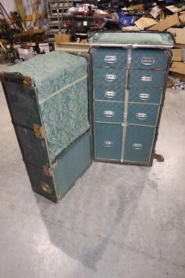 Vintage Antique Hartmann Gibraltarized Steamer Wardrobe Trunk Cushion Top & Keys - Image 1 of 4