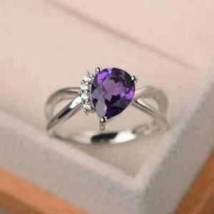 2.00 Ct Pear Cut Natural Amethyst & Diamond Wedding Ring 14K White Gold Solid - Picture 1 of 5