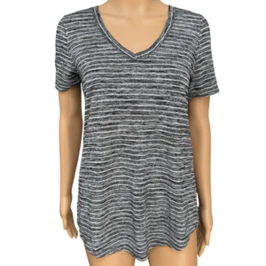Athleta Tee Shirt Women's Gray White Striped Short Sleeve V-Neck Tee size S - Picture 1 of 7
