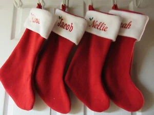4 Personalized Christmas Stockings, Monogrammed Red Stocking, Custom with Design - Foto 1 di 12