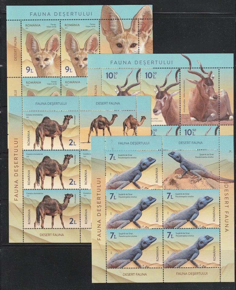 罗马尼亚 2021 年邮票 沙漠动物 MNH SHEETS 骆驼 LIZARD POST 美国 欧洲 亚洲 — 第 1/1 张图片