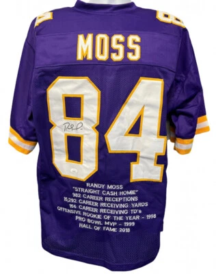 Randy Moss Signed Minnesota Vikings Career Highlight Jersey (JSA) All Pro W.R. - Image 1 of 4