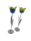 Tinted Glass Tulip Flower Tall Candle Holders 17" Pair 
