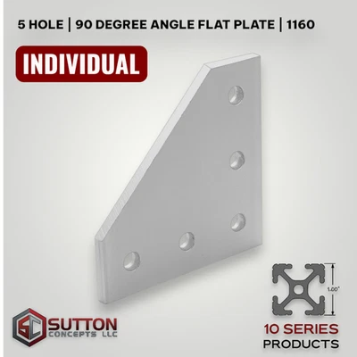 SUTTON CONCEPTS Aluminum 5 Hole 90° Degree Angled Flat Plate 10 Series Compatible w/ 80/20 4151