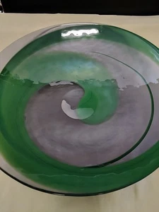 16" Murano Iridescent Green Swirl Glass Centerpiece Bowl - Picture 1 of 8