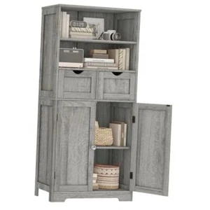 Tall Storage Cabinet with Adjustable Shelves & Doors, Bathroom Cabinet Grey - Picture 1 of 8