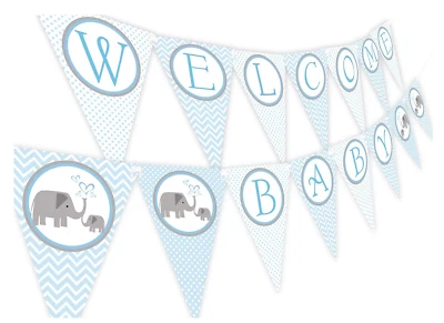 Banner de baby shower azul elefante pequeño cacahuete Foto 1 de 2