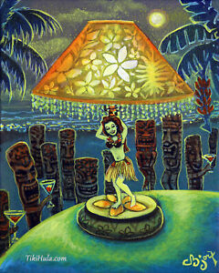 Original Painting Hula Lamp Green Tiki Lounge Bar Island Hawaiian Art CBjork