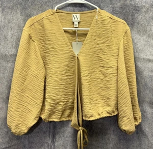 Worthington Size PXS “Leaf Gold” Crop Blouse Snap Front Tie Waist Puff Sleeve V  - Picture 1 of 12