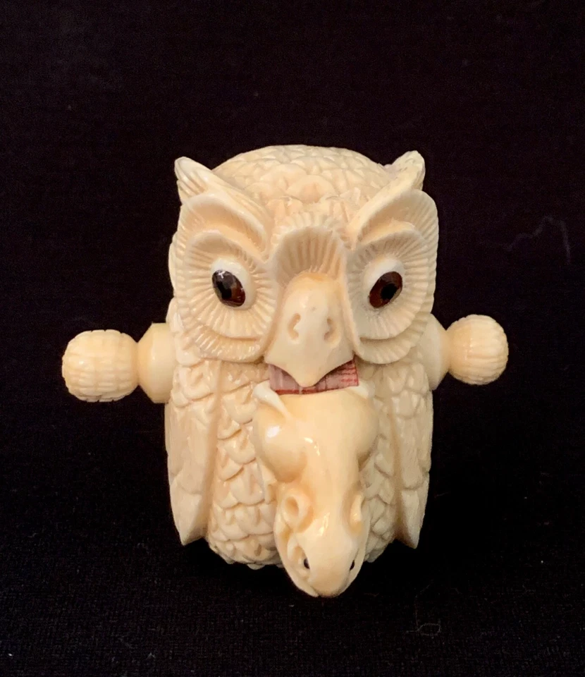 Vintage Novelty Carved Owl w/ Mouse Tape Measure Rare - Image 1 of 4