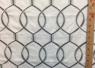 Fabric White Cotton / Linen Over Lapping Circles Silver & Black Embroidered 46"  - Image 1 of 3